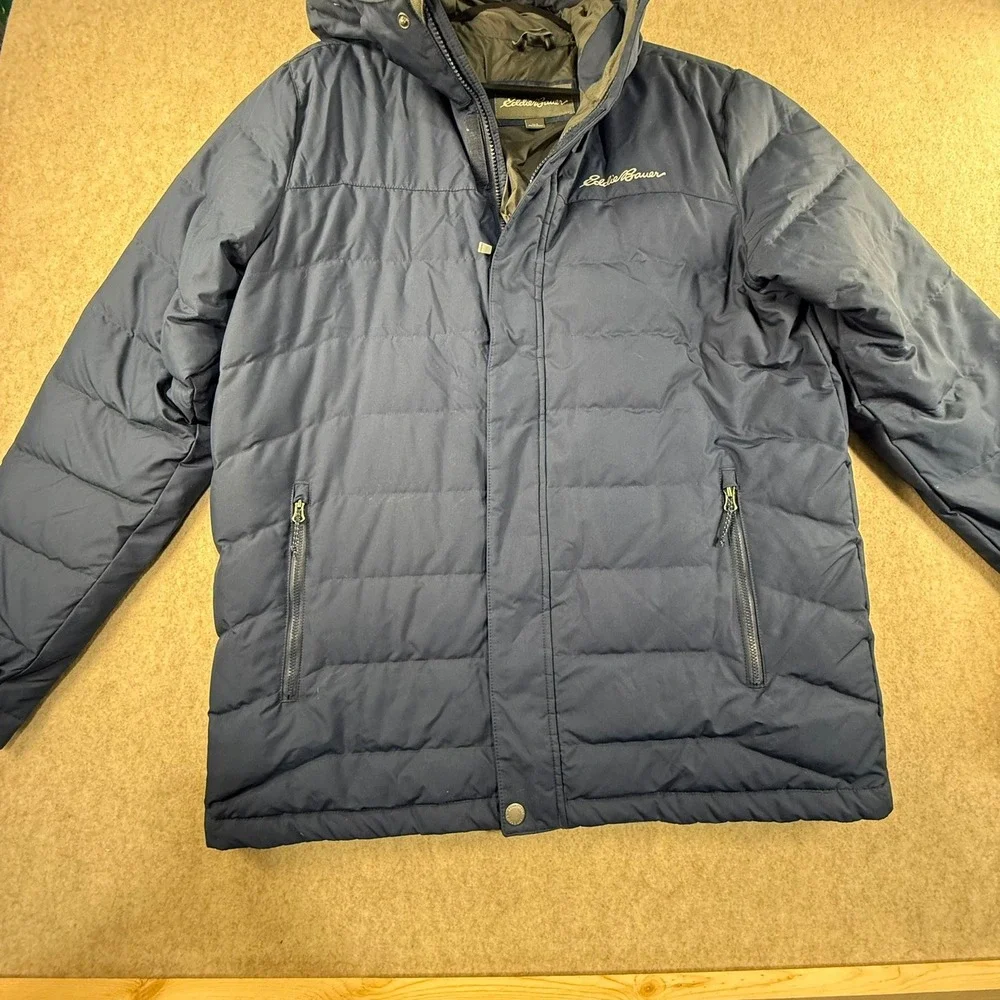 Eddie Bauer Mens Navy Blue Hooded Puffer Jacket Quilted Insulated Coat Large